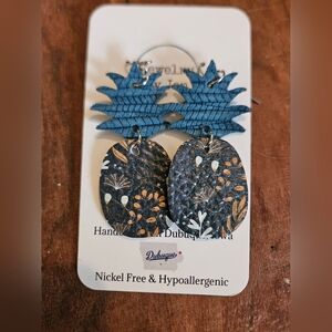 Pineapple Flower Earrings Leather Hypoallergenic Blue and Floral Herbs New